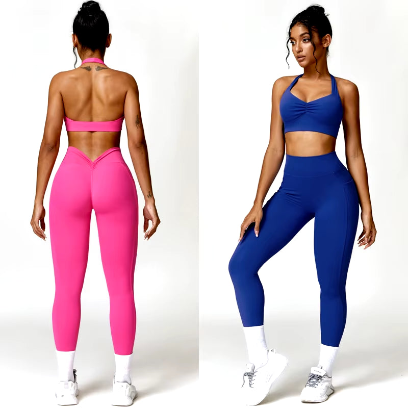 Women Two Piece Sexy Back-V Set Yoga Set High Waist Outfit Fitness Gym Suit Workout Clothes for Women Sportwear Women Tracksuit